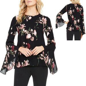NWT New $89 Vince Camuto Black Floral Windswept Bell Sleeve Blouse Size M Petite
